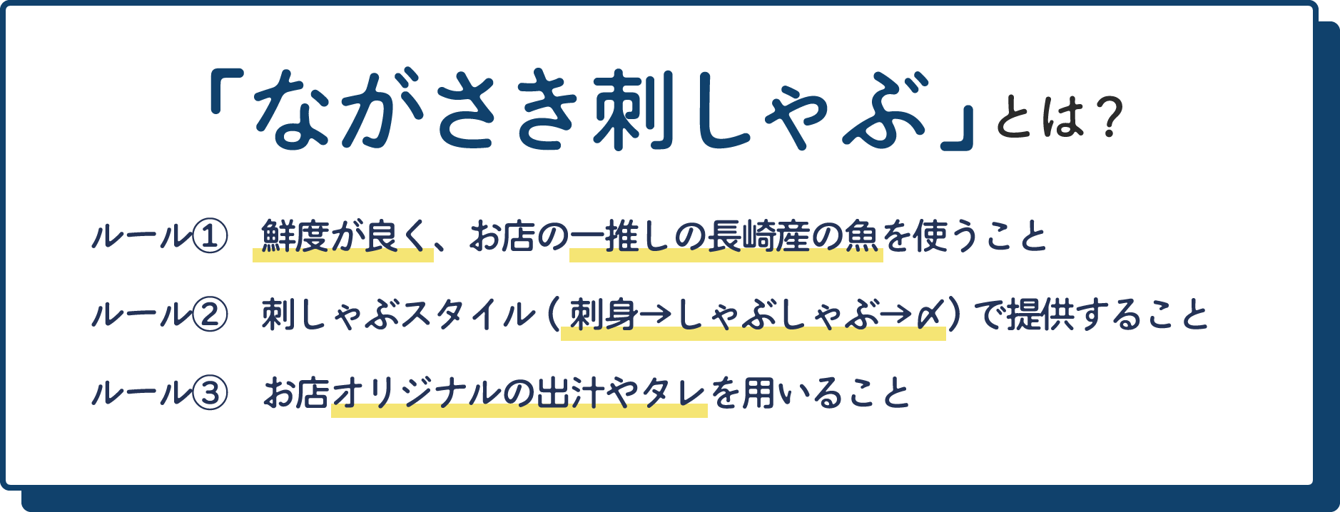 「ながさき刺しゃぶ」とは?　ルール1 鮮度が良く、お店の一推しの長崎産の魚を使うこと　ルール2 刺しゃぶスタイル(刺身→しゃぶしゃぶ→〆)で提供すること　ルール3 お店オリジナルの出汁やタレを用いること