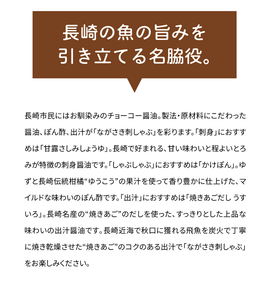 「長崎の魚の旨みを引き立てる名脇役。」長崎市民にはお馴染みのチョーコー醤油。製法・原材料にこだわった醤油、ぽん酢、出汁が「ながさき刺しゃぶ」を彩ります。「刺身」におすすめは「甘露さしみしょうゆ」。長崎で好まれる､甘い味わいと程よいとろみが特徴の刺身醤油です。「しゃぶしゃぶ」におすすめは「かけぽん」。ゆずと長崎伝統柑橘“ゆうこう”の果汁を使って香り豊かに仕上げた､マイルドな味わいのぽん酢です。「出汁」におすすめは「焼きあごだし うすいろ」。長崎名産の“焼きあご”のだしを使った､すっきりとした上品な味わいの出汁醤油です｡長崎近海で秋口に獲れる飛魚を炭火で丁寧に焼き乾燥させた“焼きあご”のコクのある出汁で「ながさき刺しゃぶ」をお楽しみください｡