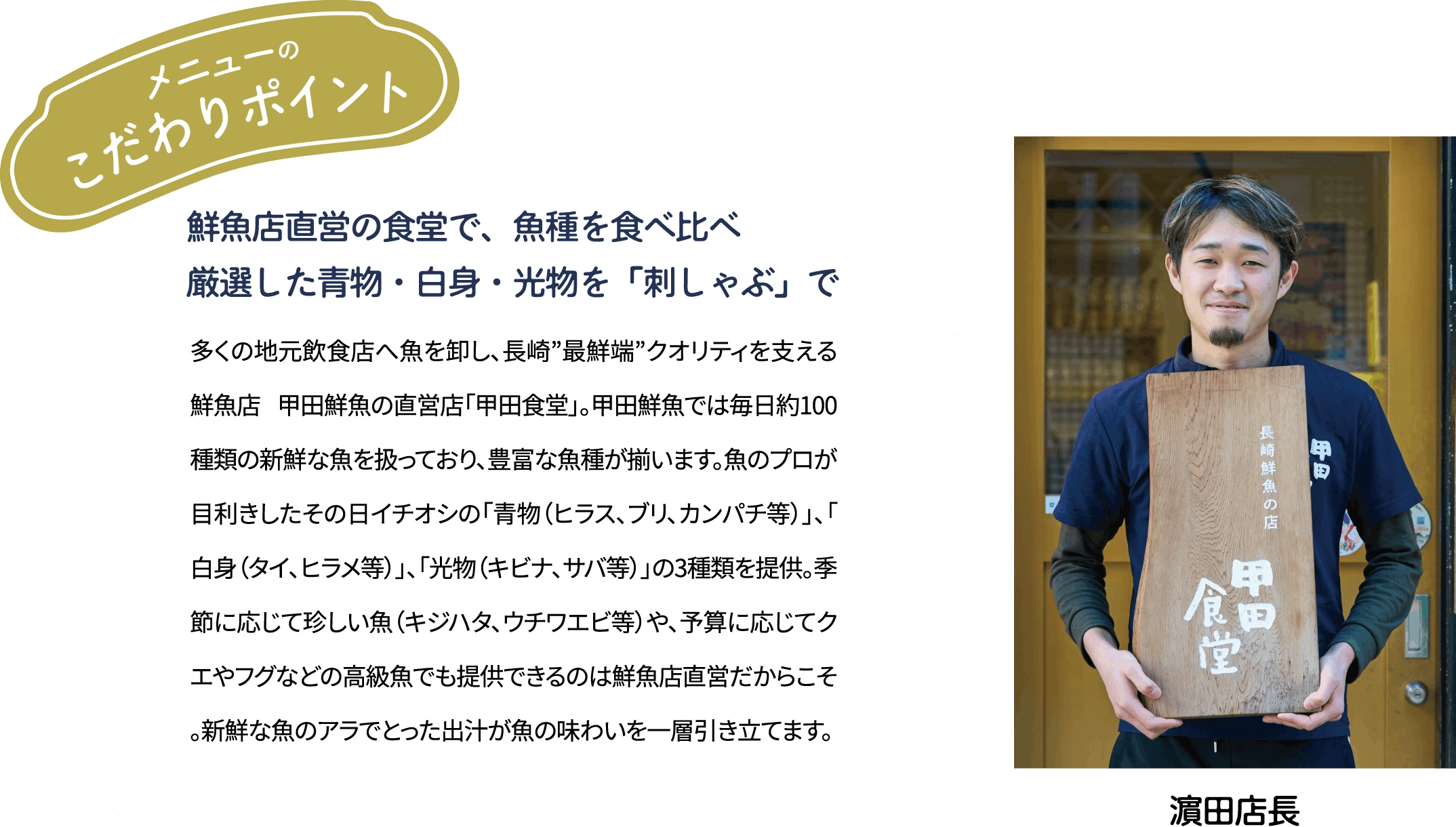 メニューのこだわりポイント「鮮魚店直営の食堂で、魚種を食べ比べ 厳選した青物·白身·光物を「刺しゃぶ」で」多くの地元飲食店へ魚を卸し、長崎”最鮮端”クオリティを支える鮮魚店 甲田鮮魚の直営店「甲田食堂」。甲田鮮魚では毎日約100種類の新鮮な魚を扱っており、豊富な魚種が揃います。魚のプロが目利きしたその日イチオシの「青物(ヒラス、ブリ、カンパチ等)」、「白身(タイ、ヒラメ等)」、「光物(キビナ、サバ等)」の3種類を提供。季節に応じて珍しい魚(キジハタ、ウチワエビ等)や、予算に応じてクエやフグなどの高級魚でも提供できるのは鮮魚店直営だからこそ。新鮮な魚のアラでとった出汁が魚の味わいを一層引き立てます。 [濱田店長]